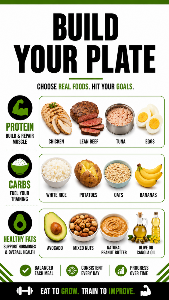 Example meal ideas with chicken, rice, potatoes, eggs, avocado, oats, tuna, and healthy fats