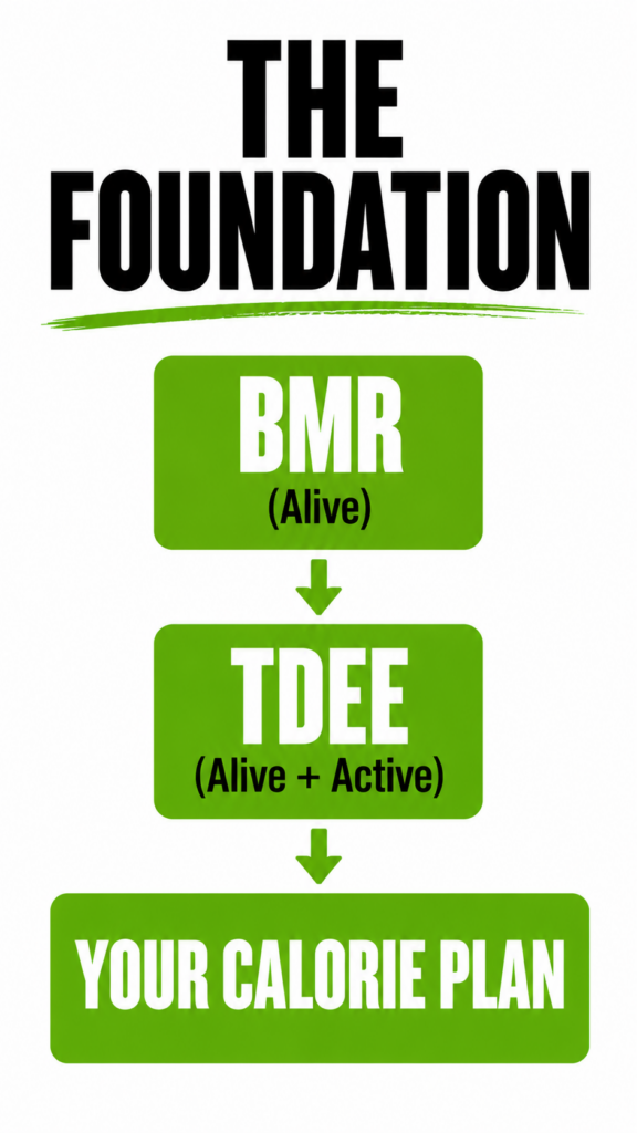 BMR (Alive), TDEE (Alive + Active), and Your Calorie Plan foundation graphic.