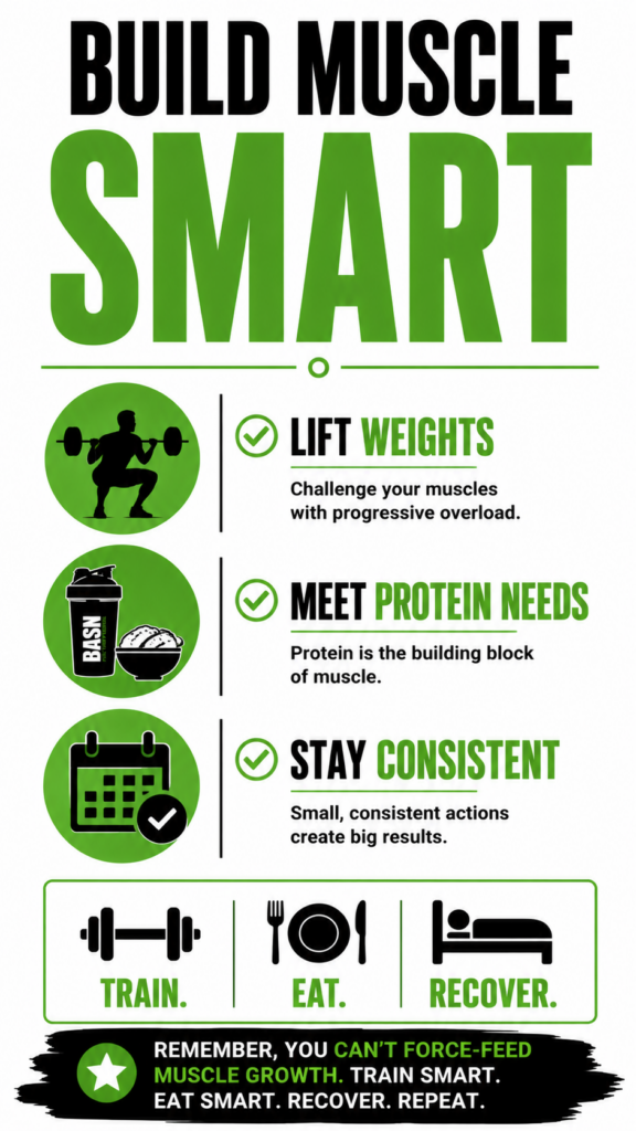 Three habits for supporting muscle growth: lifting weights, meeting protein needs, and staying consistent.