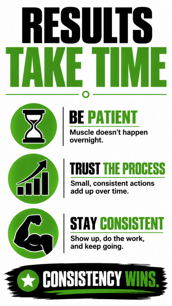 Graphic emphasizing patience, consistency, and trusting the process while building muscle.