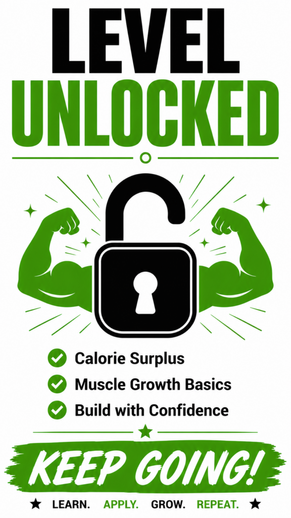 Level Unlocked graphic summarizing calorie surplus concepts and muscle-building fundamentals.